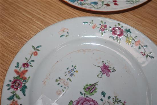 Five 18th century Chinese famille rose plates largest diameter 24cm